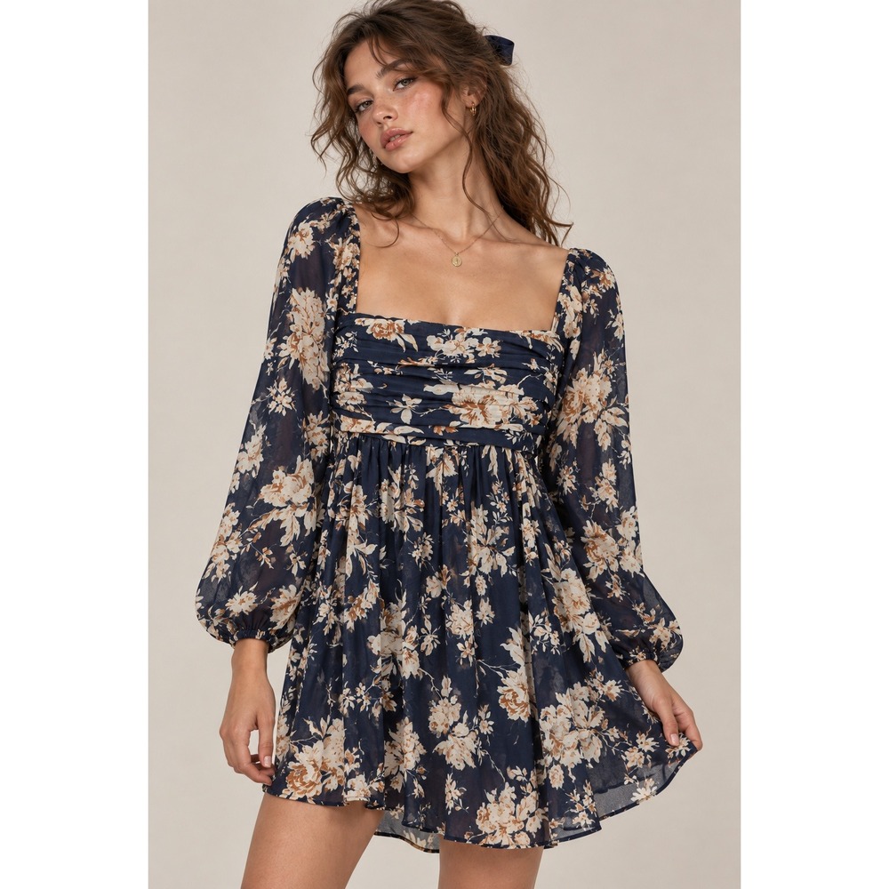 Abercrombie & Fitch Emerson Mini Dress S Navy Blue Floral Ruched Square Neck